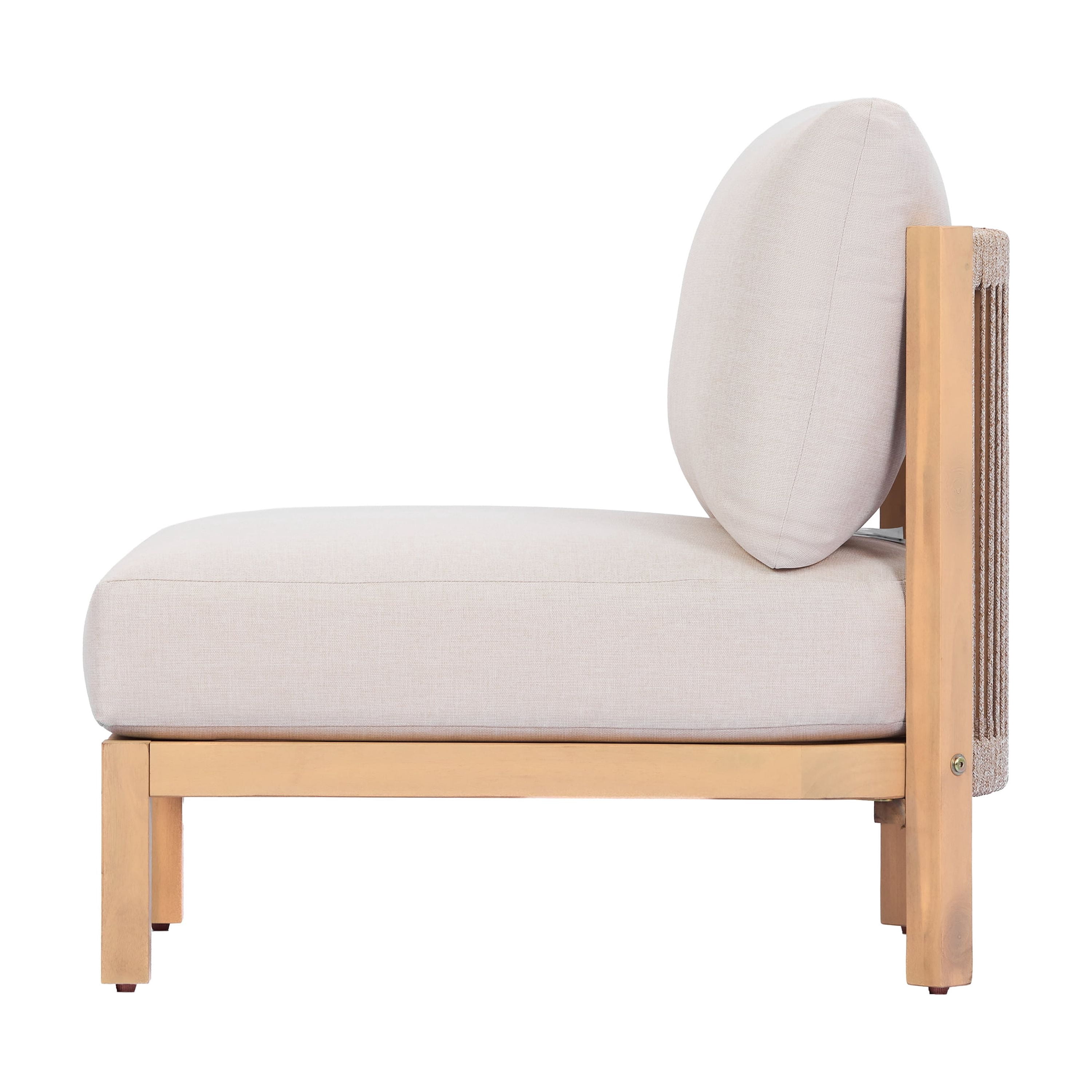Acacia Wood Outdoor Club Chair with Rope Weave Backrest and Beige Cushion, Patio Lounge Chair for Garden and Balcony, Light Teak
