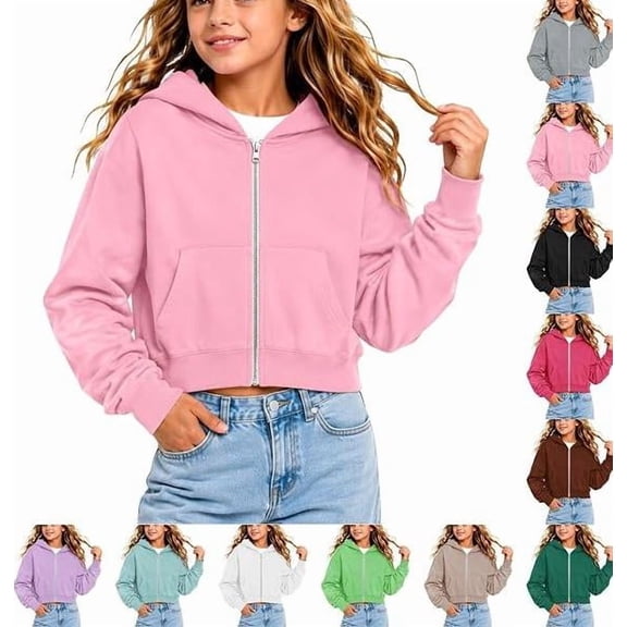 Abcomgle Girls Zip Up Hoodie 10-12 Cropped Long Sleeve Jackets for Teen Girls Cute Fashion Lightweight Pullover Sweatshirt with Pockets