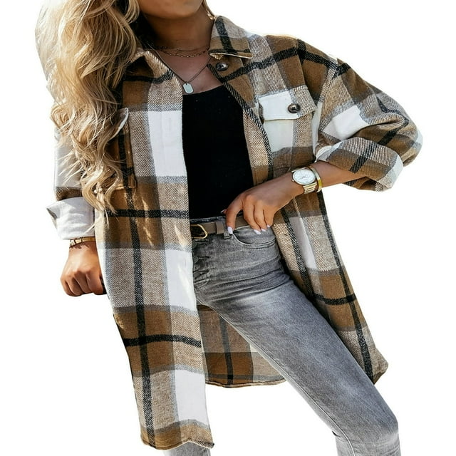 Women Button-down Shirt Adults Irregular Plaid Print Long Sleeve Lapel Outerwear with Flap Pockets