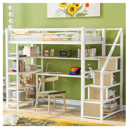 Twin Metal Loft Bed w/Staircase, Desk & Shelves, White
