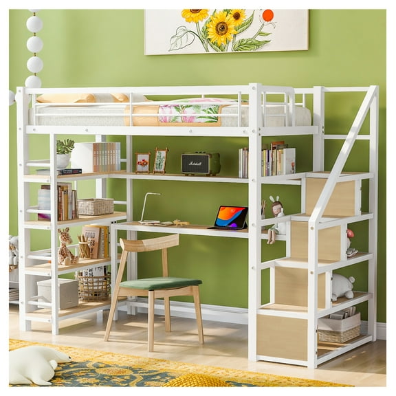 Twin Metal Loft Bed w/Staircase, Desk & Shelves, White