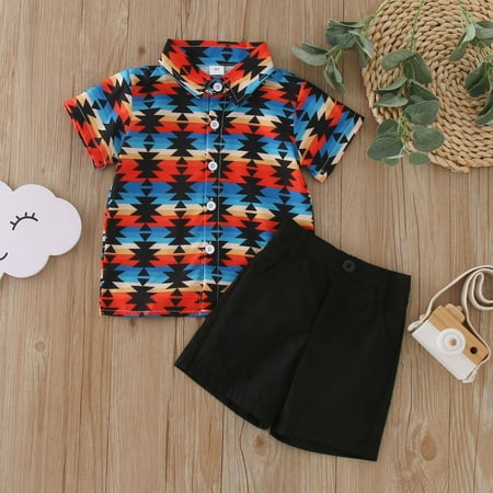 

Geometric Printed Toddler Boys Outfits Turn-Down Short Sleeve Printed T Shirt Black Shorts Gentleman Style Spring Summer Cute Casual Cartoon Fashion Outwear Streetwear Vocation Sets