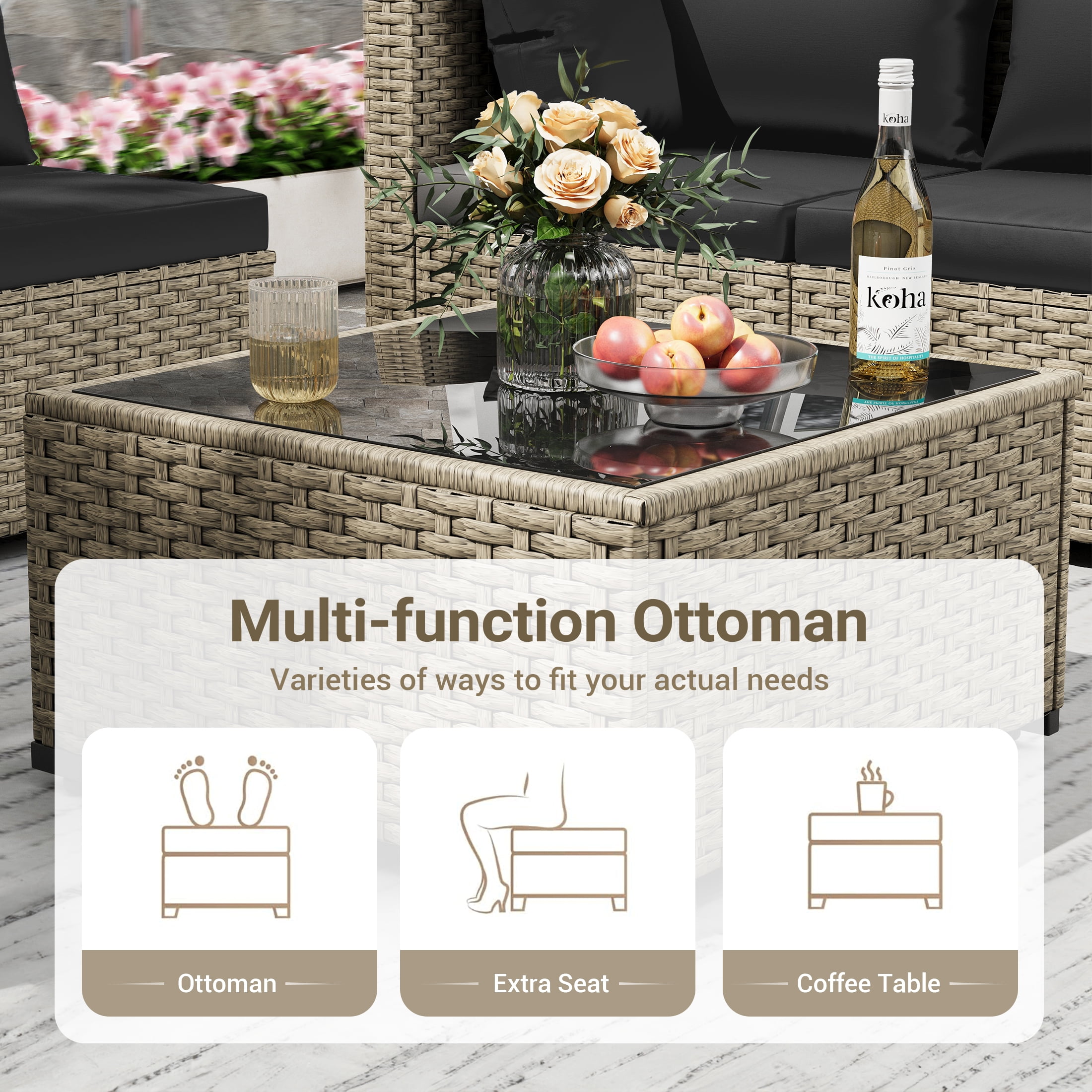 Poteban 7 Piece Outdoor Patio Furniture Set, Grey Rattan Wicker Outdoor Conversation Sectional Sofa Set with Cushions for Backyard, Black
