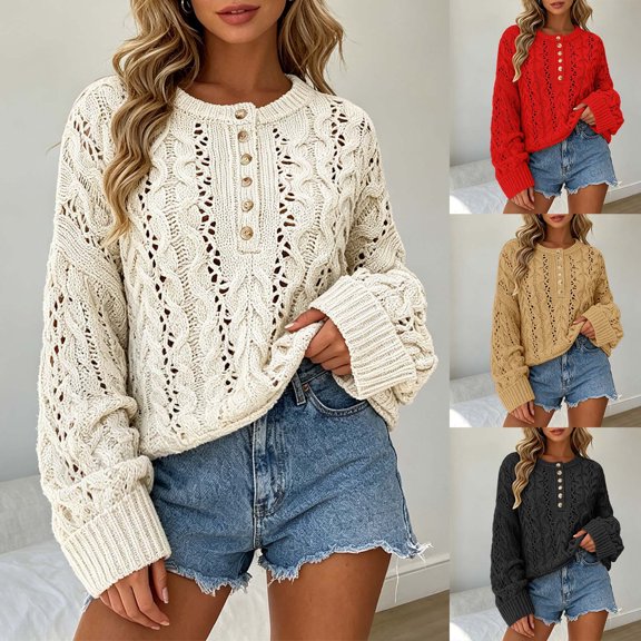 CAIXIA Fall Sweaters For Women Solid Button Detail Short Long Sleeve Pullover Tops Basic Clothes Loose Shirts Daily Work Outfits Fall Winter Clothes,Beige