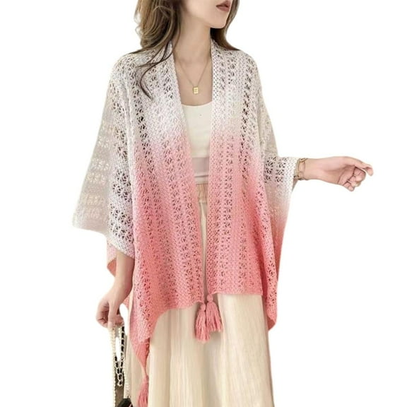 Weflink Women Knitted Fringed Capelet Cardigan Lightweight Cover Up Knitting Shawl Wrap