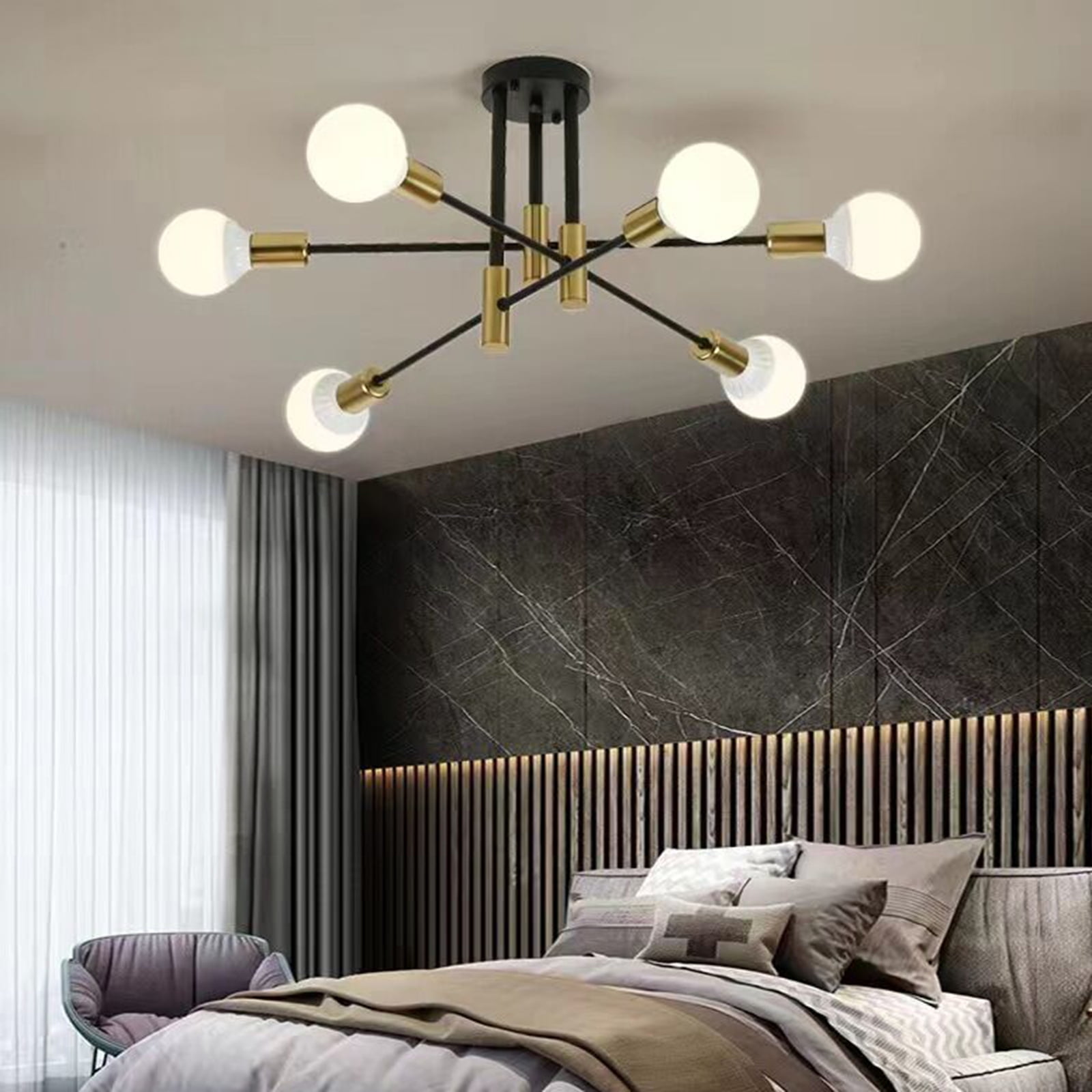 Neoglint 6-Lights Modern Mid Century Sputnik Chandelier, Semi Flush Mount Ceiling Light Fixture for Living Room Dining Room Kitchen Chandelier (Black Gold)