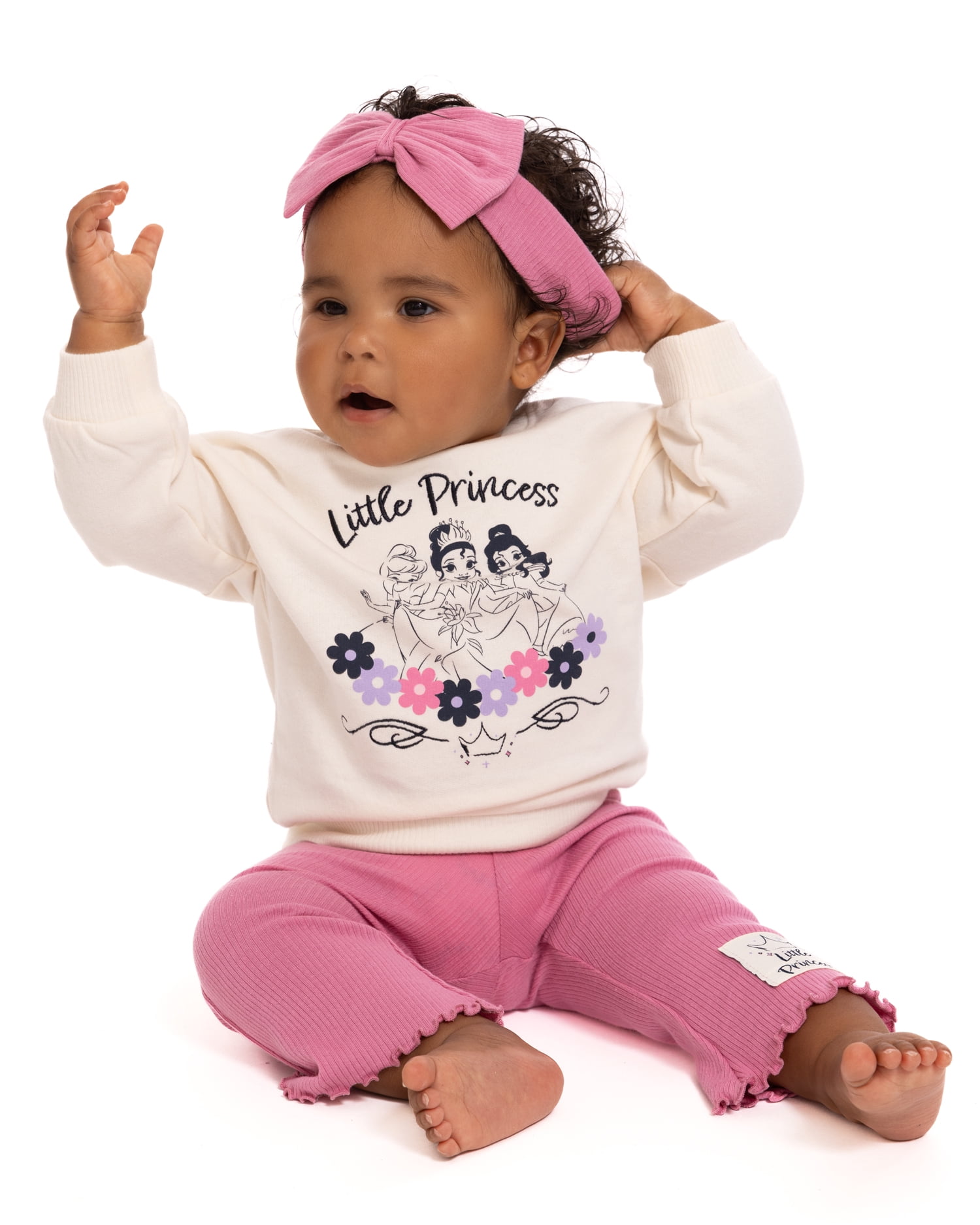 Disney Princess Baby Girls Crewneck Sweatshirt, Leggings and Headband Set, 3-Piece, Sizes 0/3M-24M