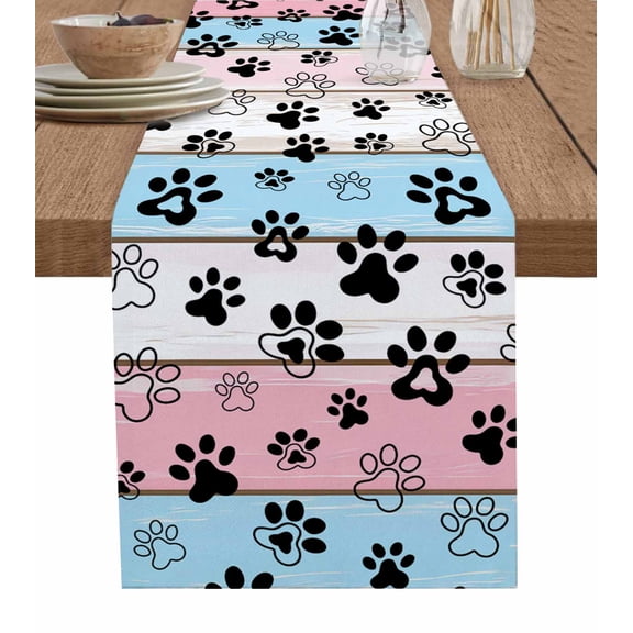 Pink Blue Paw Print Burlap Cotton Table Runner 13x48 Inches Long, Vintage Farmhouse Wooden Grain Farmhouse Table Runners, Outdoor Dining Tablecloths Decor for Baby Shower/Party/Wedding