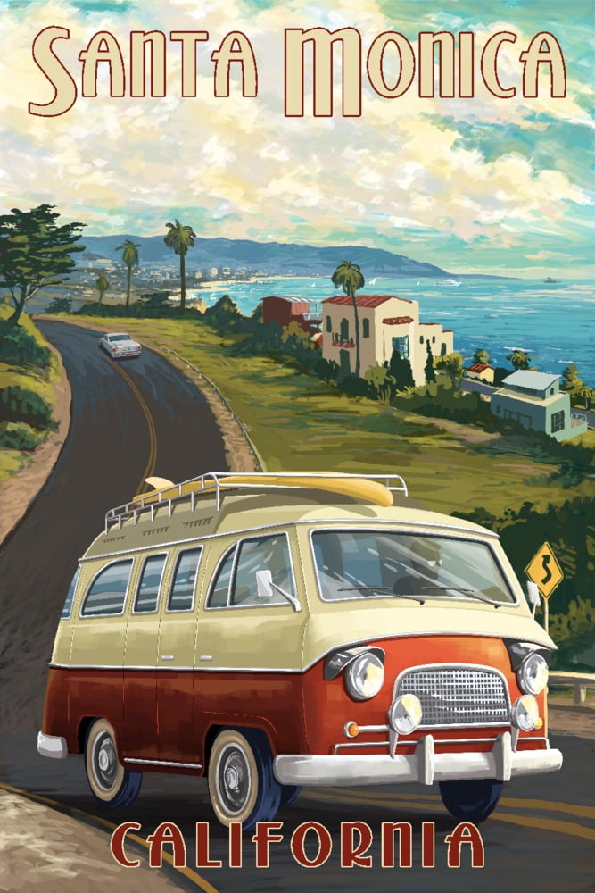 Santa Monica, California, Camper Van, Cruise (9x12 Wall Art Print, Home