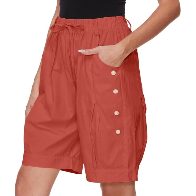 Mgmyaa Women's Bermuda Shorts Casual Summer Wide Leg Mid Length High Waisted Drawstring Short Pants with Pockets