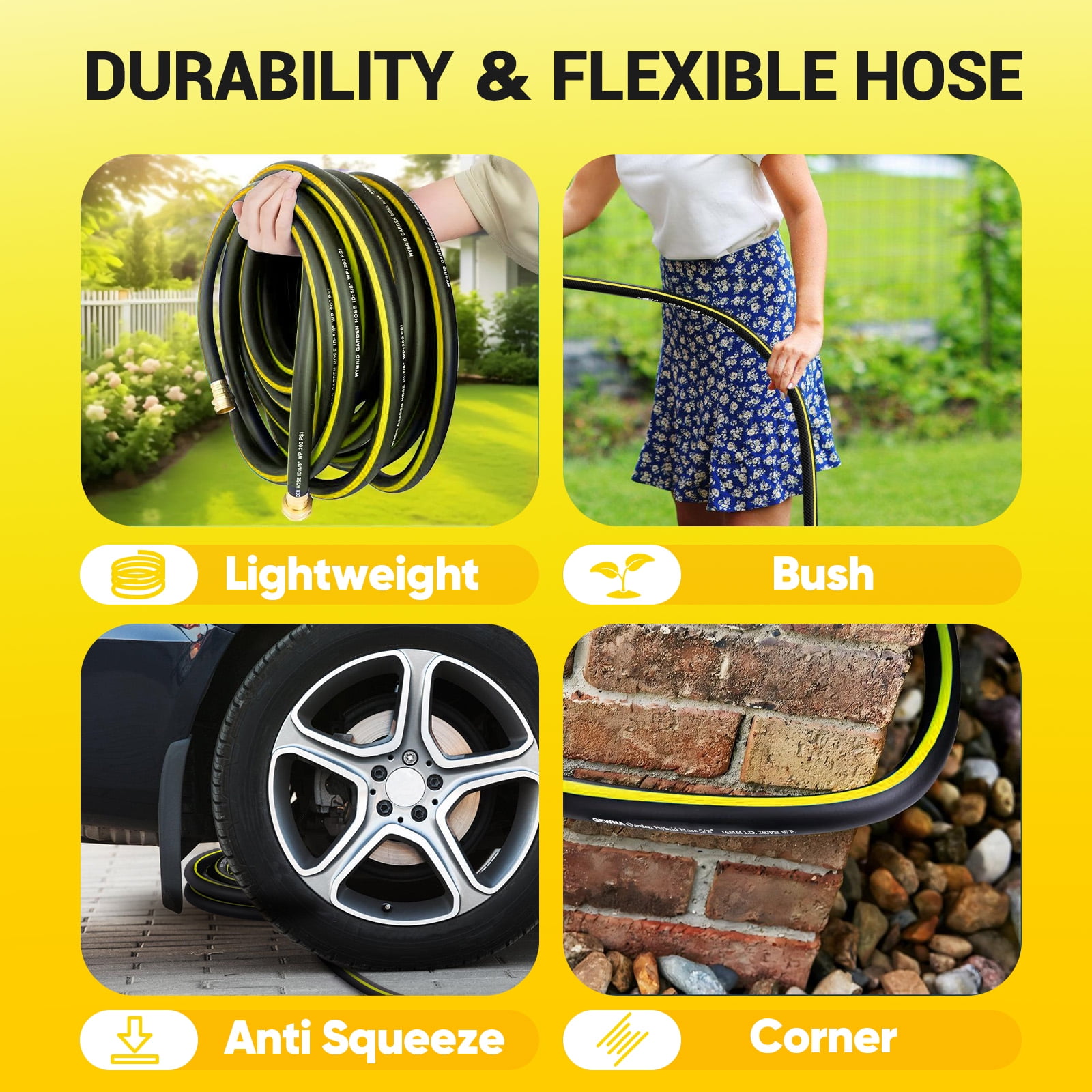 Gewna 5/8''x 200 ft Heavy-Duty Garden Hose Burst Proof Rubber 3 Layer Water Hose with 10 Pattern Spray Nozzle