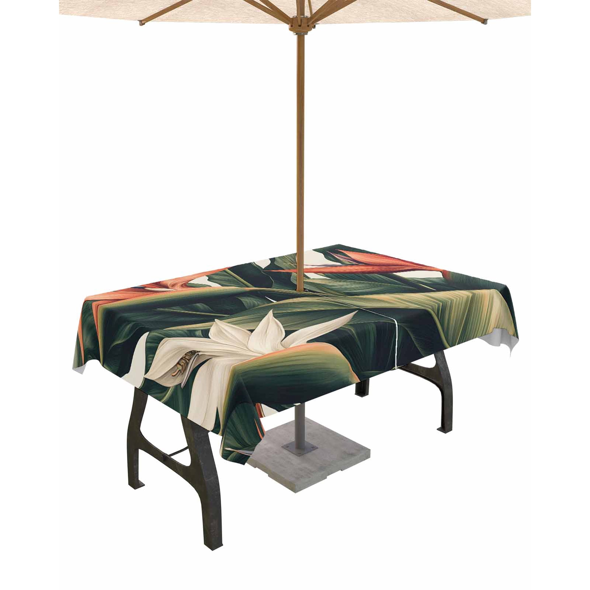Hokiten Outdoor Tablecloths with Umbrella Hole & Zipper Summer Green Leaves 60 x102 Inch Rectangle Tablecloths Botanical Flowers Leaf Plants Waterproof Table Cloth Patio/Pool/Picnic Table Covers