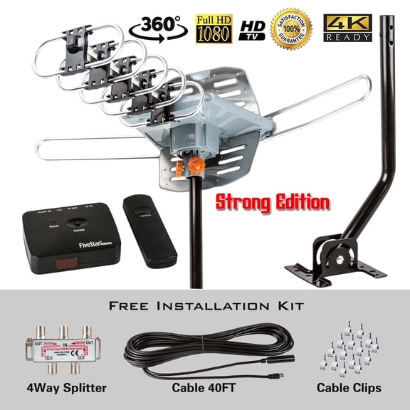 Five Star. HDTV Antenna Amplified Digital Outdoor Antenna with Mounting Pole-150 Miles Range-360 Degree Rotation, Wireless Remote, Snap-On Installation, Support 5 TVs