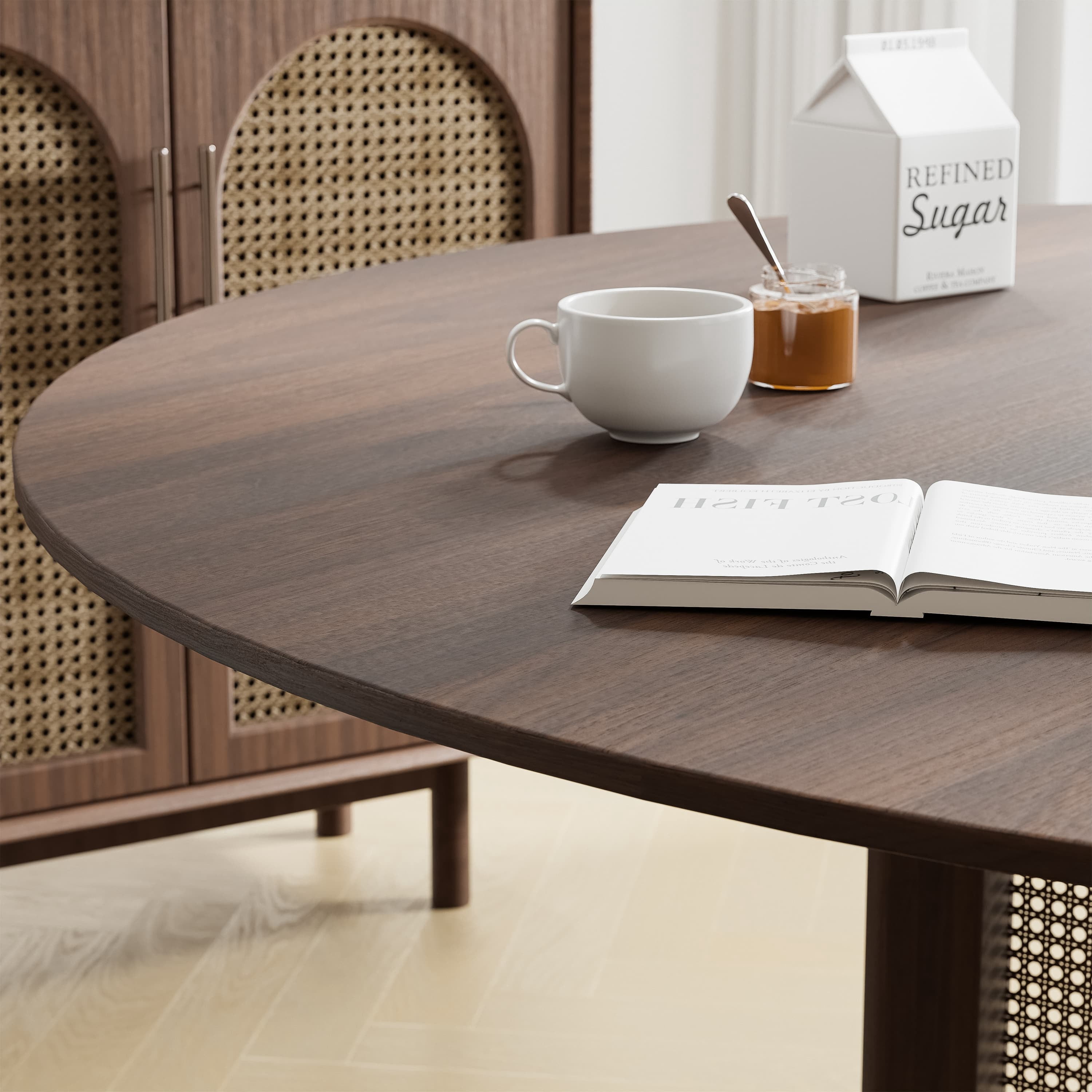MAYEERTY 60"×60"×30" Walnut Rattan Woven Round Dining Table - Warm Tone for Cozy Dining Areas