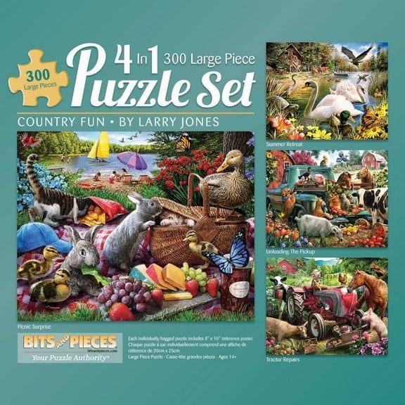 Bits And Pieces 300-Piece Jigsaw Puzzles by Larry Jones, 4-In-1 Multi-Pack Country Fun, 16 x 20 inches