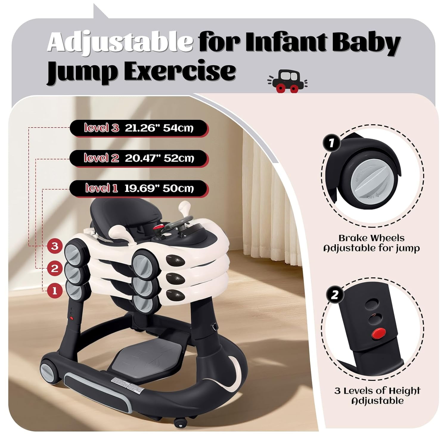 5 in 1 Baby Walker for Boys Girls,Foldable,Music,Light,Jumper,Rocking,Push,Height Adjustable Training Activity for Babies Infant 6-18 Months,Black