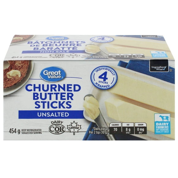 Great Value Unsalted Churned Butter Sticks, 4 Sticks, 454 g