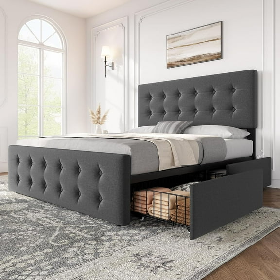 Full Size Bed Frame with 4 Storage Drawers and Headboard, Flax Fabric Upholstered Platform Bed Frame with Wooden Slats Support, Button Tufted Design, No Box Spring Needed, Dark Grey