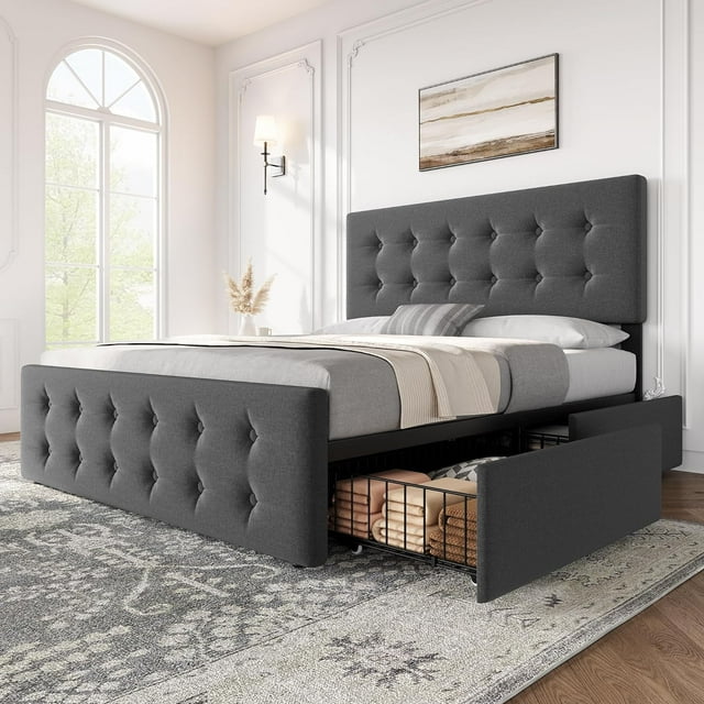 Full Size Upholstered Bed Frame with 4 Storage Drawers & Adjustable Headboard, Button Tufted Platform Bed with Wooden Slats Support, No Box Spring Needed, Bedroom Furniture