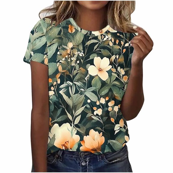 Wenini Women's Summer Tshirts Floral Casual Short Sleeve Round Neck Loose Tops Boho Fashion Printed T-Shirt, XL
