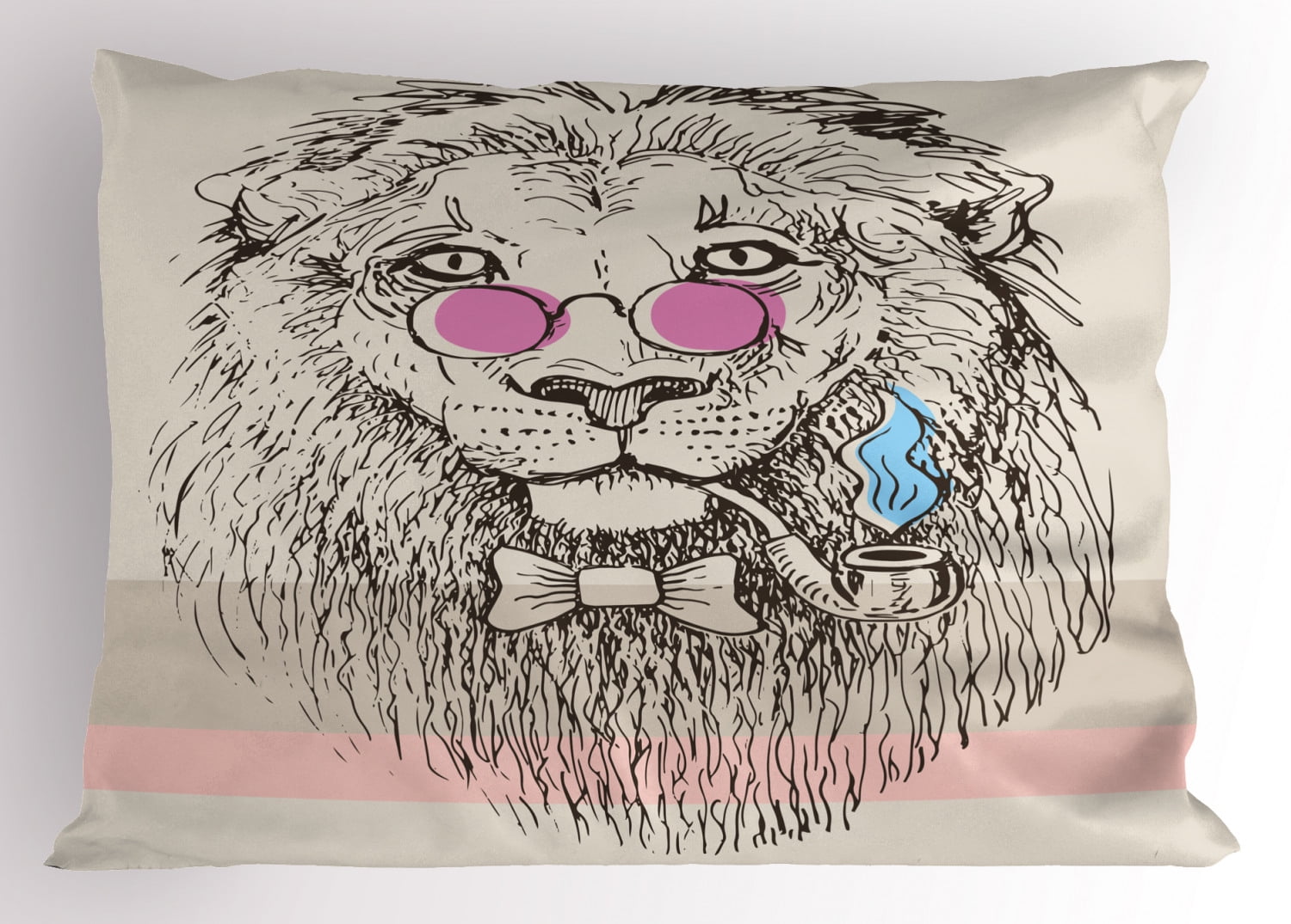 Animal Pillow Sham Magestic Lion Head Hipster Style Glasses Pipes