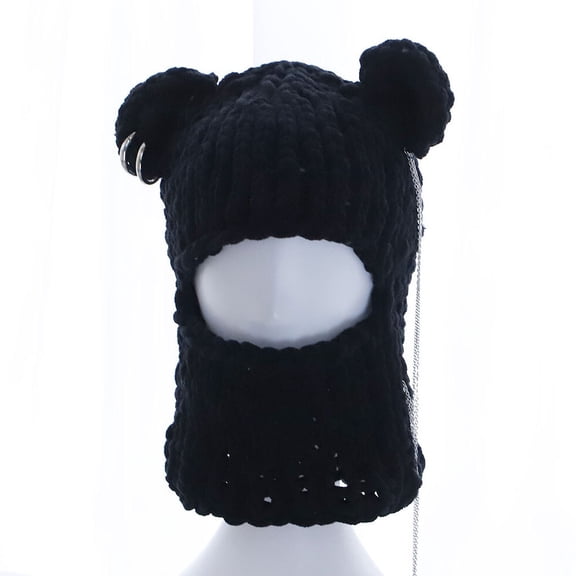 Women Knit Plush Bear Ear Balaclava Winter Warm Furry Hat Streetwear Face Mask