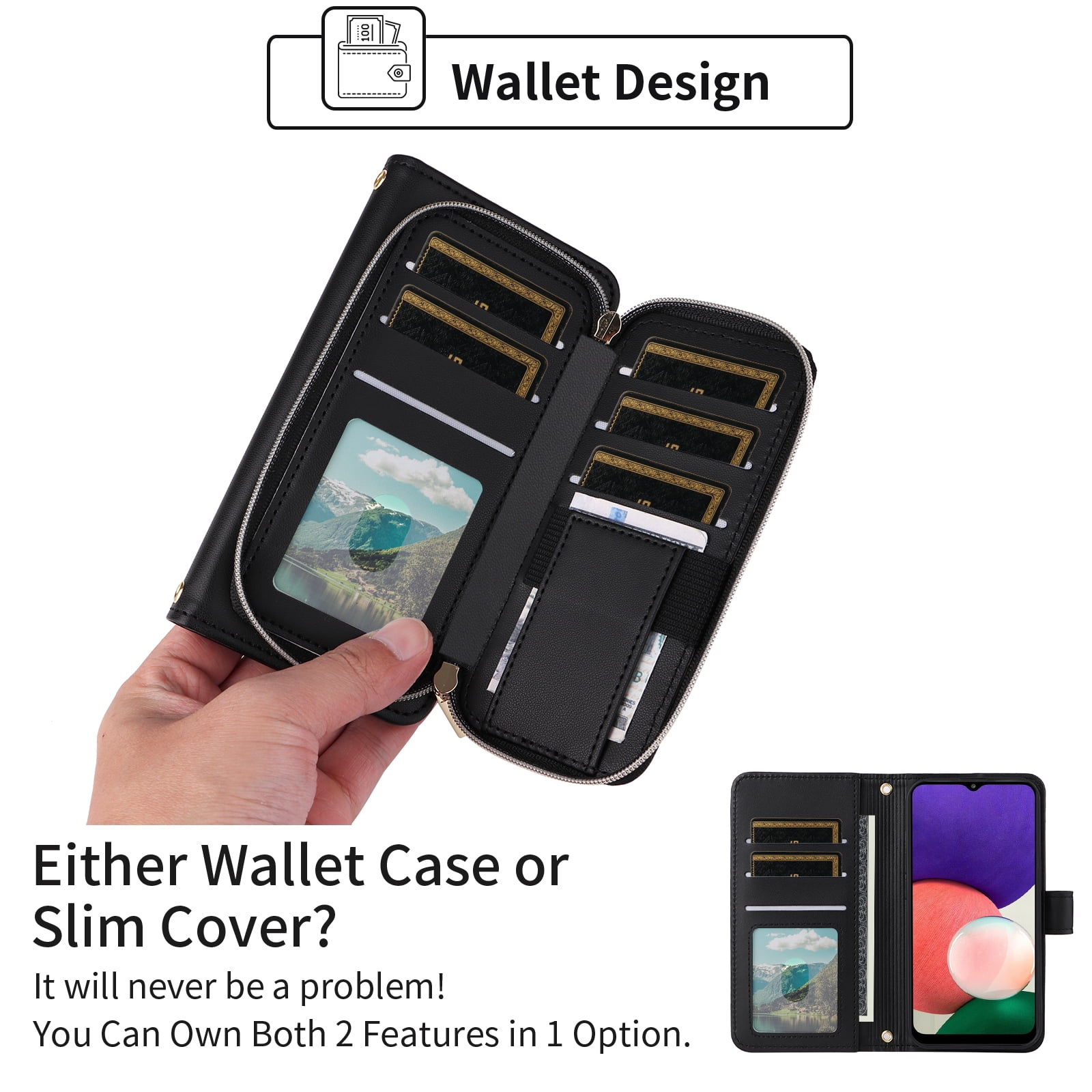Furiet Wallet Case for Samsung Galaxy A22 5G/Boost Mobile Celero 5G with Wrist Strap, Shoulder Strap, 9+ Card Slots Zipper Purse, Leather Stand Phone Cover for Celero5G A 22 22A A22s G5 Women Black