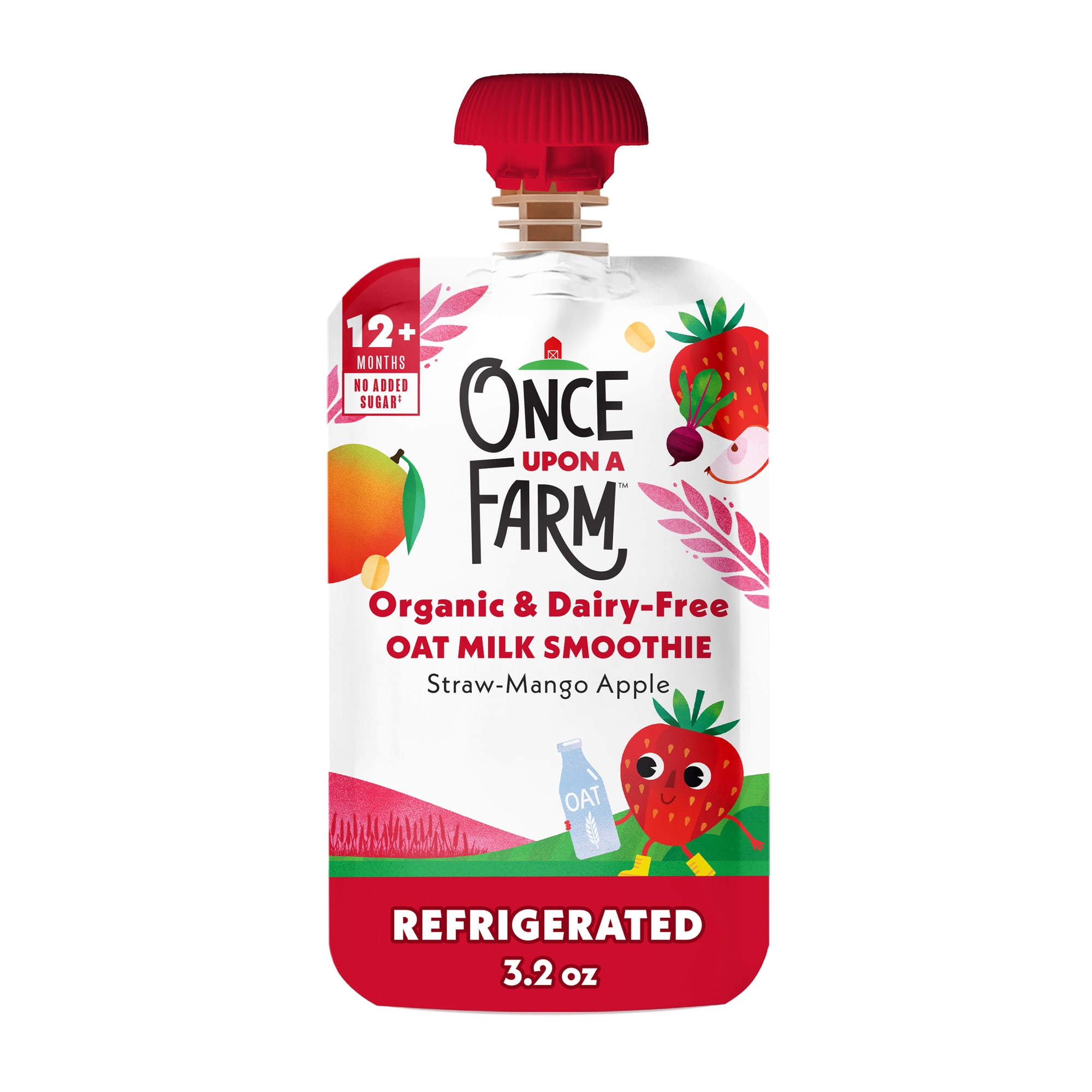 Once Upon a Farm Organic Refrigerated Toddler Food Straw-Mango Apple Dairy-Free Oat Milk Smoothie, 3.2oz Pouch