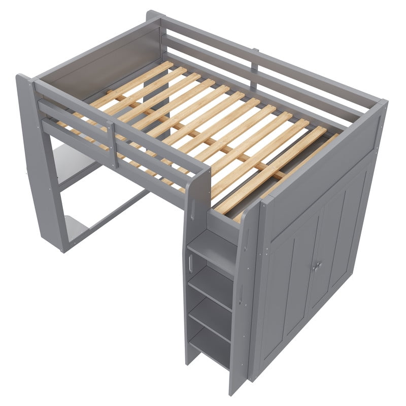 Full Size Wooden Loft Bed with Built-in Desk & Charging Station, Kids Storage Bed Frame with LED Light & Double Door Wardrobe