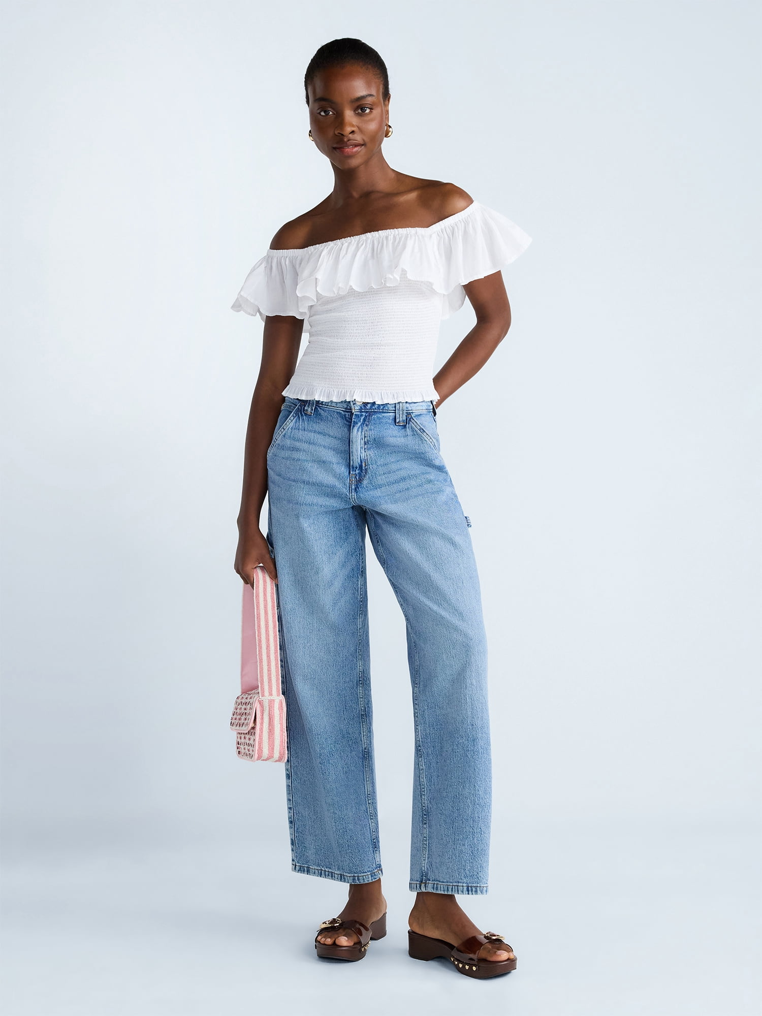 Scoop Women’s and Women’s Plus Off-the-Shoulder Smocked Ruffle Cotton Top, Sizes XS-4X
