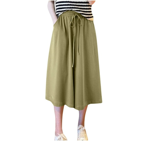 Tungbrin Flowy Plus Size Capri Pants for Women Mid Rise Solid Dressy Pants Drawstring Loose Comfy Wide Leg Trousers with Pockets