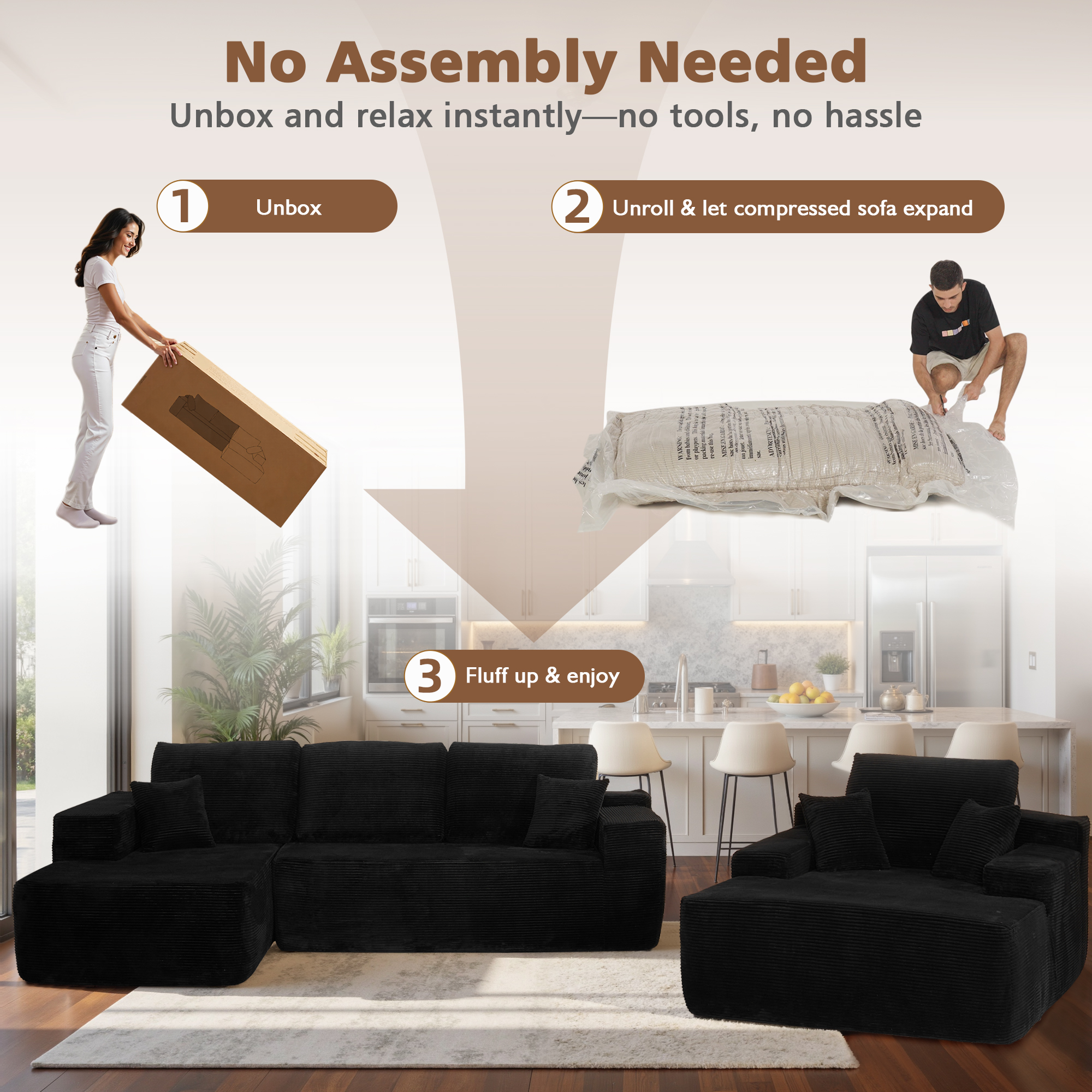 Ovios 106" Modular Cloud Couch Oversized Deep Seat Corduroy Sectional Sofa with Lounge Chair for Living Room, No Assembly, Black
