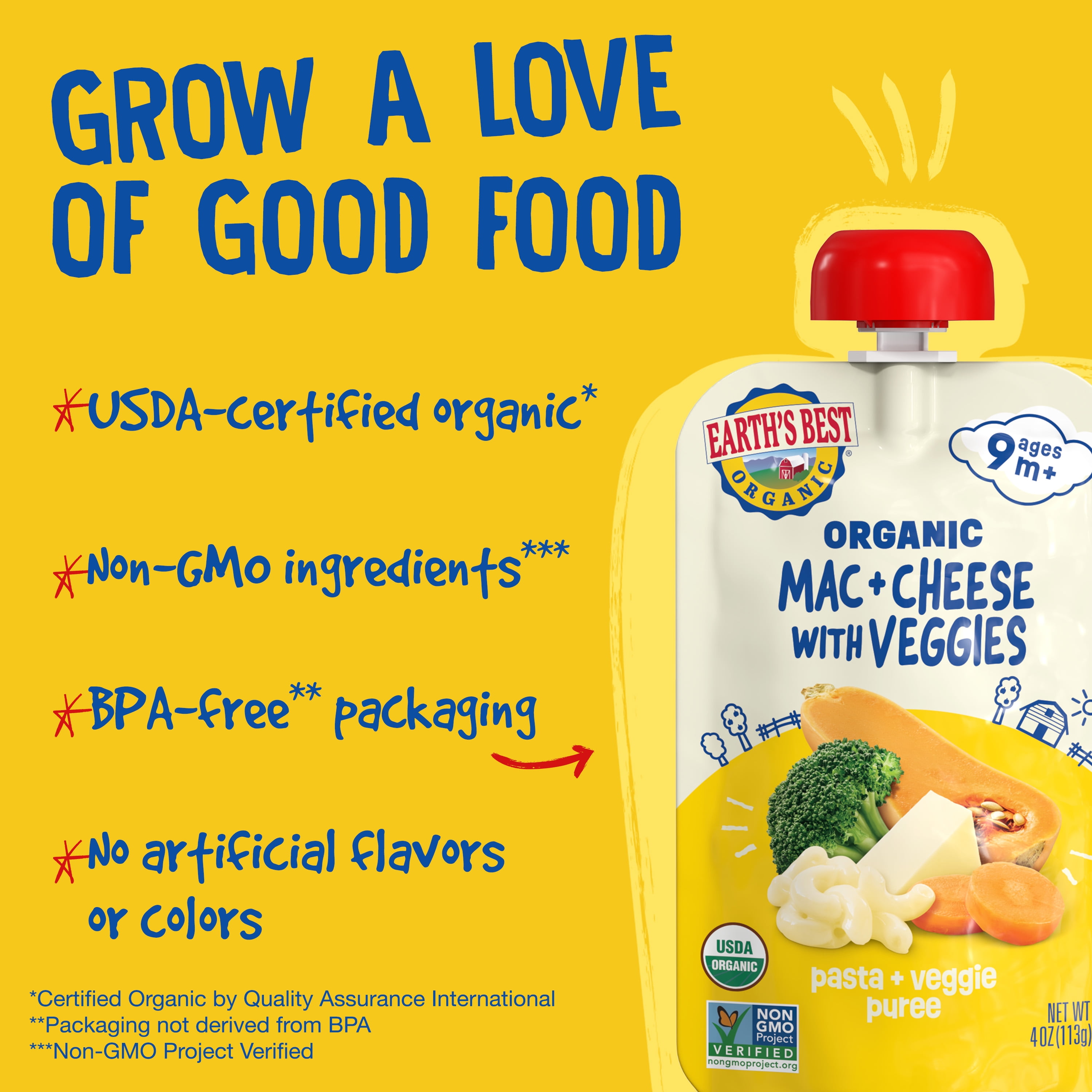 (12 pack) Earth's Best Organic Stage 3 Baby Food, Mac & Cheese with Veggies Pasta & Veggie Puree, 4 oz Pouch