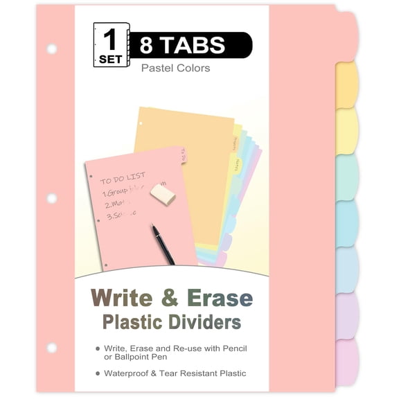 Write Erase Reusable Binder Dividers with Tabs, 8 Count Plastic Tab Dividers for 3 Ring Binder, Document Separators for Organization System, Multicolor Pastel