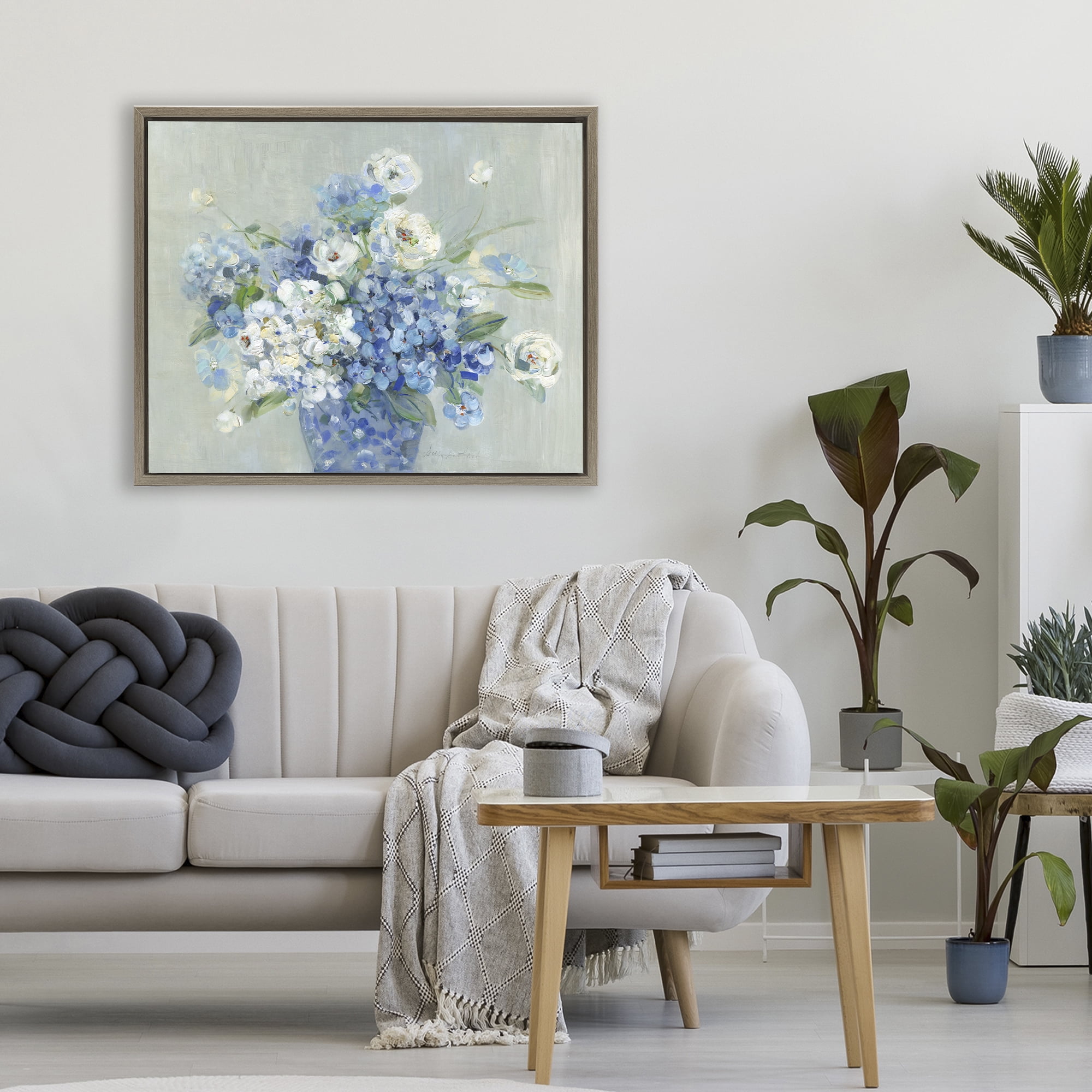 Stupell Industries Serene Blue And White Bouquet Brown Framed Floater Canvas Wall Art, design by Sally Swatland
