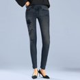 thumbnail image 3 of LINGLANG Fleece-Lined Leggings For Women Tights Letter Print Velvet Imitation Denim High Waist High Elastic Tight Thick Thermal Winter Warm Workout Yoga Pants, 3 of 4