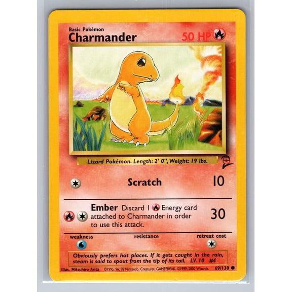 Collectible 2000 Base Set 2 Charmander #69/130 English Pokemon TCG by Wizards of the Coast Trading Card