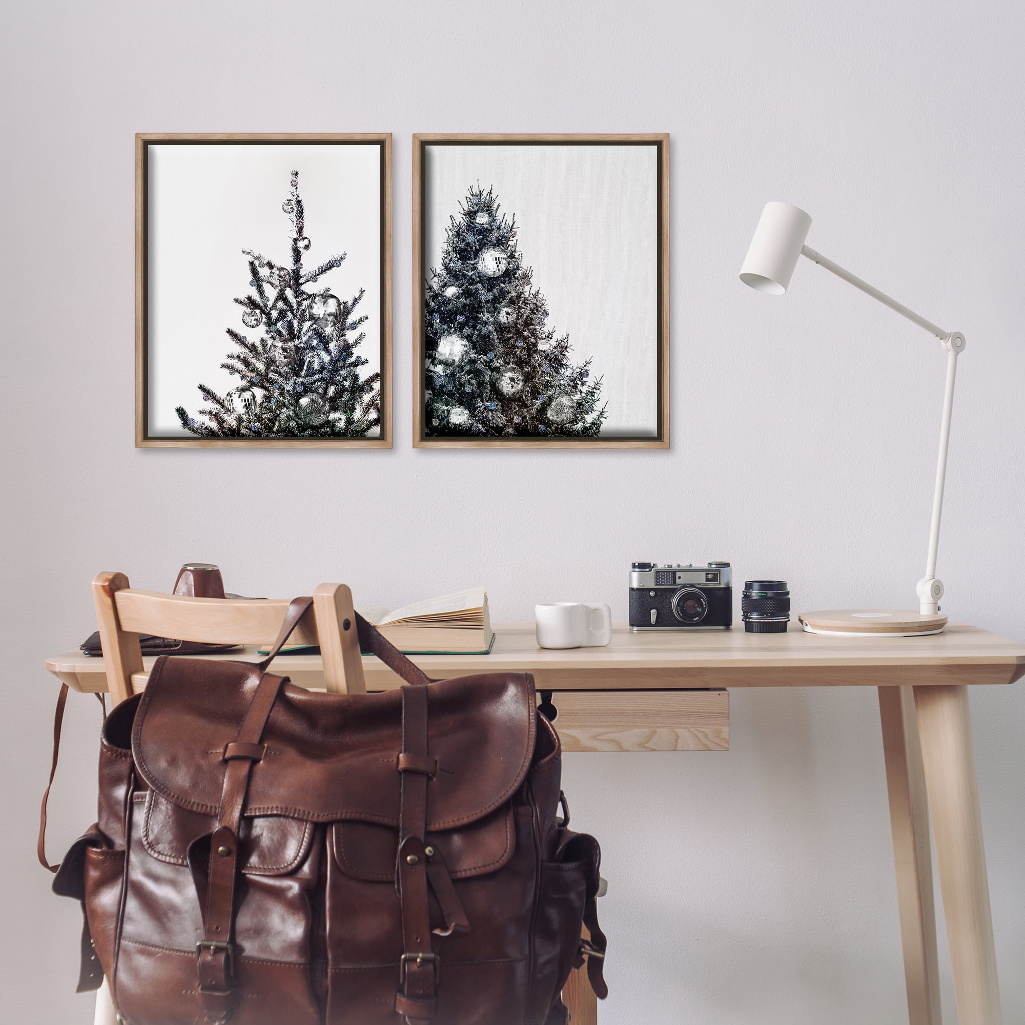 Stupell Industries Disco Ball Christmas Tree Holiday Photography Brown Floater Framed Canvas Art Print Wall Art, 17 x 21, Set of 2