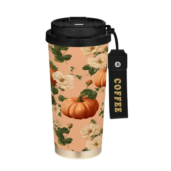 500ml Double-Wall Vacuum Insulated Tumblers Stainless Steel Coffee Tumbler with Ceramic Coating Halloween Pumpkins and Flowers