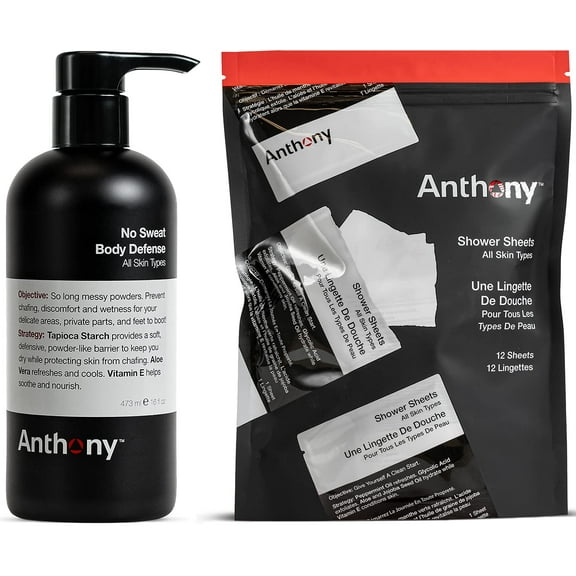 Anthony No Sweat Body Defense and Shower Sheets Bundle, Anti-Chafe Talc Free Cream To Powder Lotion, 16 Fl Oz, and Pack Of 12 Shower Sheets