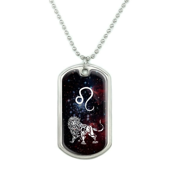 Leo Lion Zodiac Sign Horoscope in Space Military Dog Tag Pendant Necklace with Chain