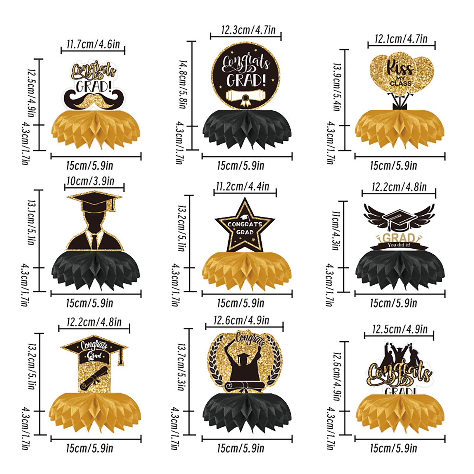 ERTZAE Graduation Table Centerpieces,Grad Table Toppers,Grad Honeycomb Decor,Congrats Grad Table Decor,9PC Black & Gold Graduation Honeycomb Centerpieces 6x4.7Inch,Class of 2026 Table Decorations
