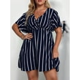 thumbnail image 2 of Women'S Plus Size Dress V Neck Short Sleeve Striped Smocked Waist A Line Short Summer Dress Navy Blue XXXL, 2 of 7
