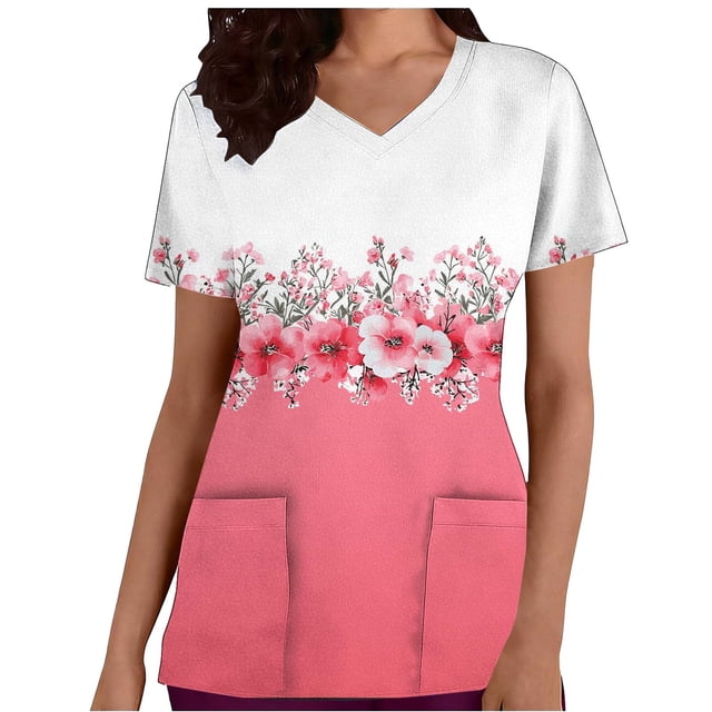 Vestido Casual Pantalones Cortos para Mujeres Moda Cuello en V Día de San Valentín Impresión de Manga Corta Enfermera de Bolsillo
