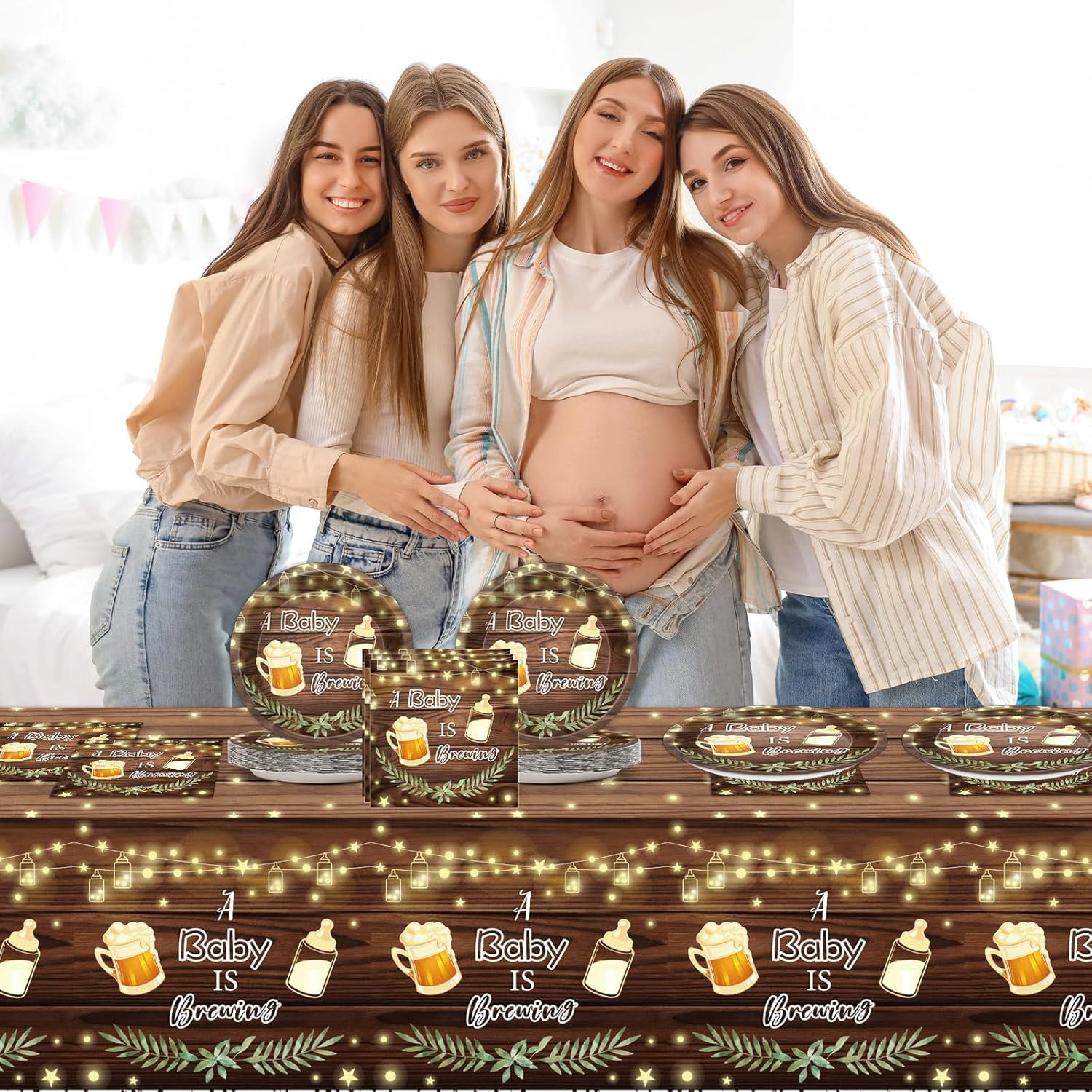 49Pcs A Baby is Brewing Baby Shower Decorations Baby Shower Plates Napkins and Tablecloth for Birthday Party Disposable Tableware Set Beer Party Table Decorations Favors Serves 24 Guests