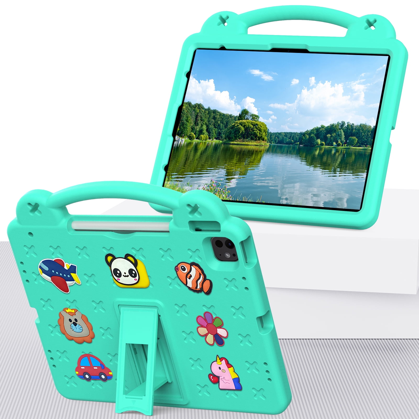 Nalacover Cartoon Handle Case for Apple iPad Air 11 inch 2024 Case, EVA Foam Cute Pattern with Pencil Holder Kickstand Cute Shockproof PC Case for iPad Pro 11 inch 2024, Mintgreen