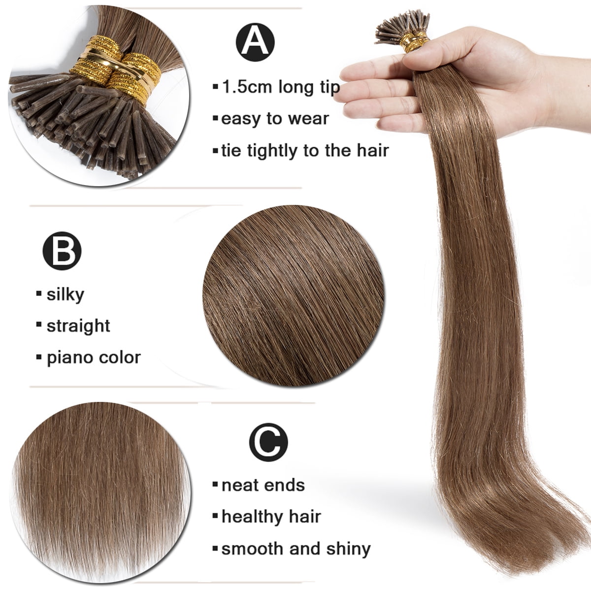 SEGO I Tip Hand-Tied Human Hair Extensions Cold Fusion Off Black 100 Strands Soft Straight Remy Hair Pre Bonded Stick Shoelace Tips