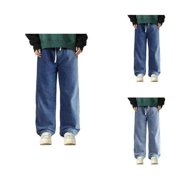 Lined Jeans for Men Winter Warm Loose Fit Straight Wide Leg Casual Baggy Denim Pants with Pockets Trousers
