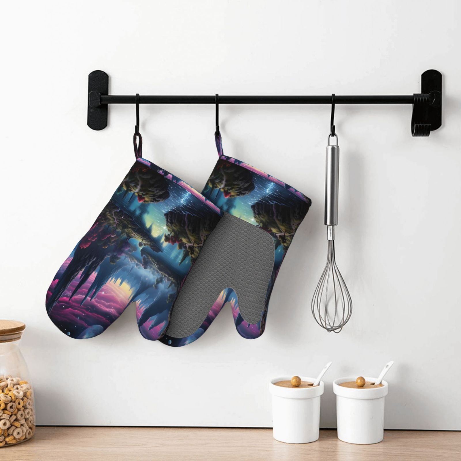 Hirioo Fantasy Landscape Starry Night for Silicone Oven Mitts for BBQ, Baking, Cooking, Set of 2, Heat Resistant 260℃, Non-Slip Kitchen Essentials