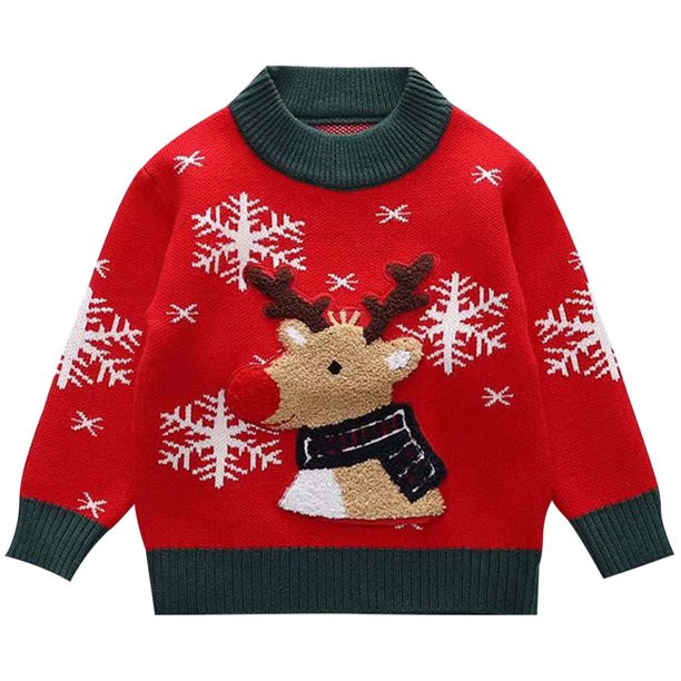 Suéter para niños pequeños, diseño navideño de renos, estilo tejido para niños, suéteres gruesos y acogedores de Navidad para niños, jersey de cuello redondo de ajuste suave con bloques de color
